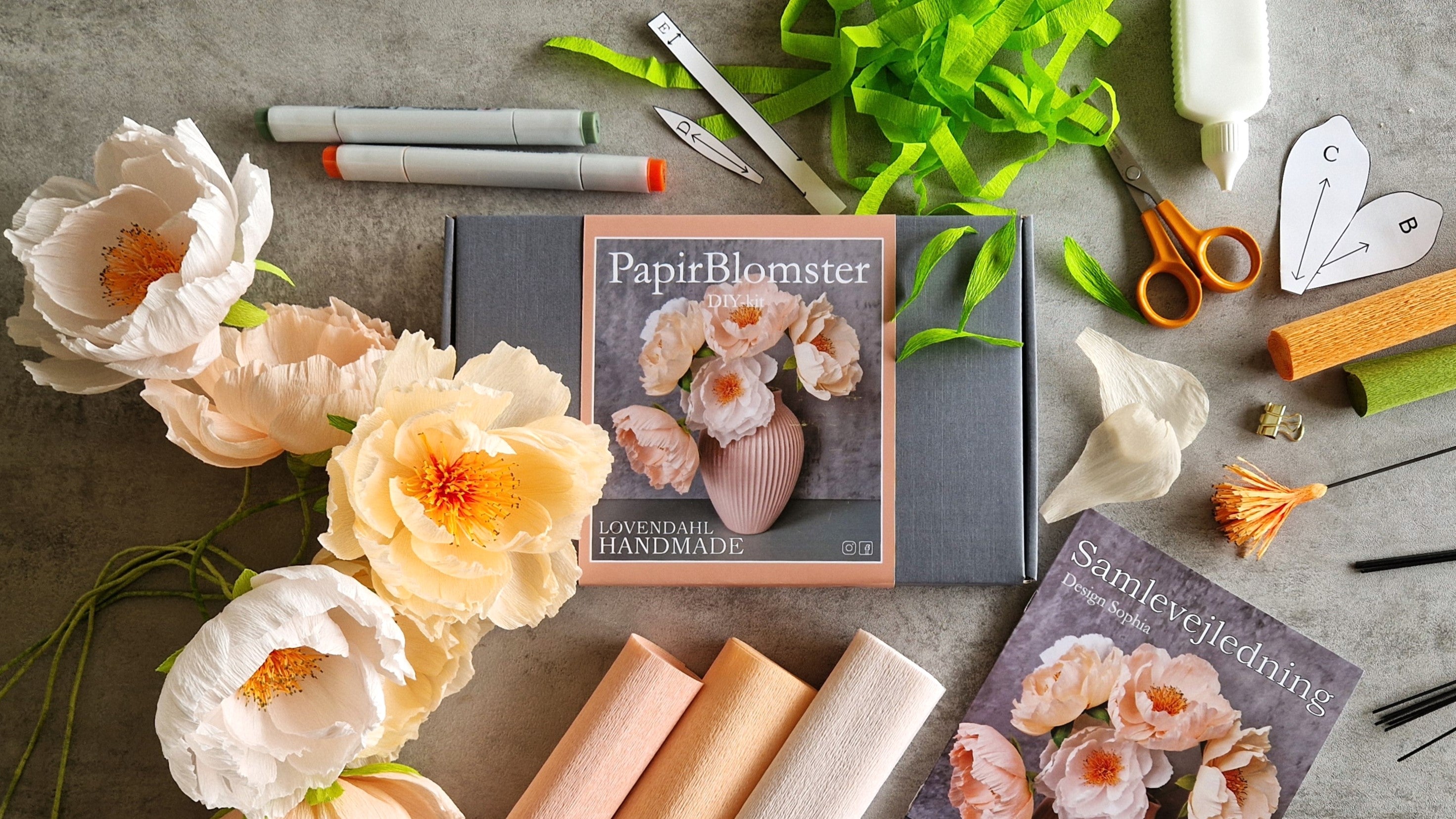 Diy kits med papirblomster og lyserøde evighedsblomster, der er nemme at lave
